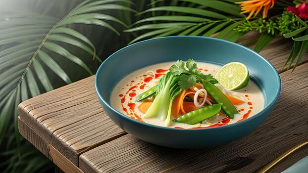 Exotic coconut soup, a fusion of flavors and textures in a tropical setting displayed on a rustic photo