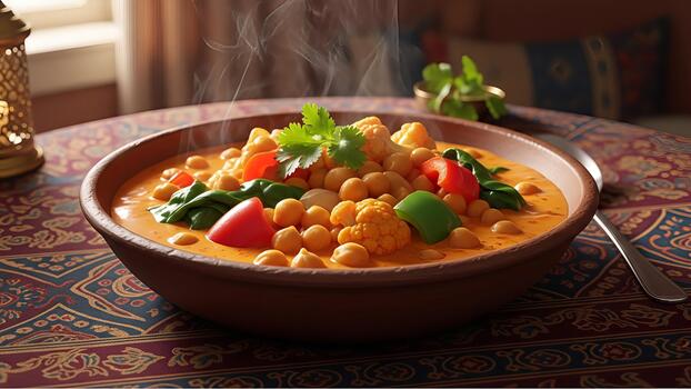 Exotic curry dish served in a rustic bowl, with vibrant vegetables and spiced aroma capturing a photo