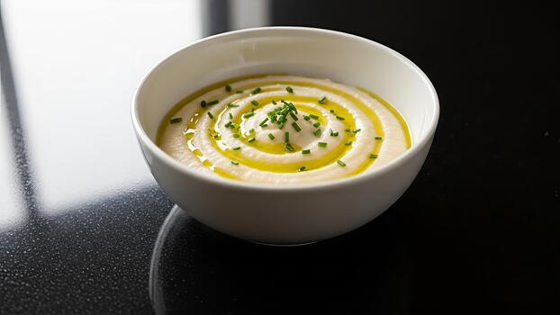 Elevated presentation of creamy parsnip puree swirled with olive oil and chives garnish photo