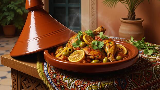 Exotic chicken tagine dish served in traditional earthenware pot presentation authentic photo