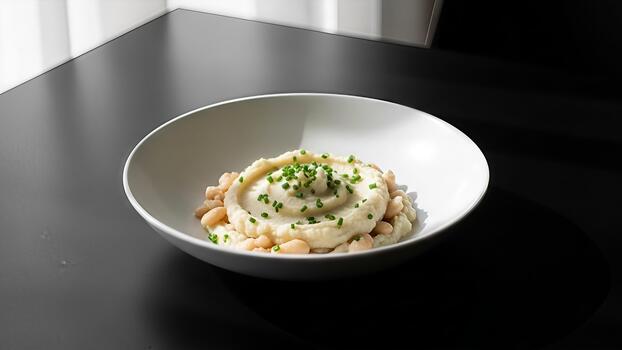 elevado frijol plato presentación en un moderno ajuste transporte culinario arte foto