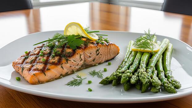 elevado salmón y espárragos plato con limón, eneldo, y culinario hierbas presentación foto