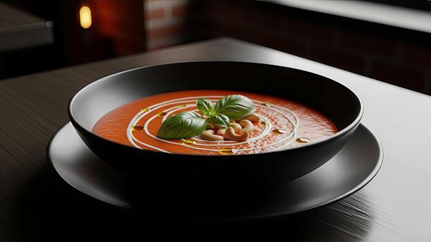 Elegant tomato soup presentation with basil and cream swirls in minimalist setting photo