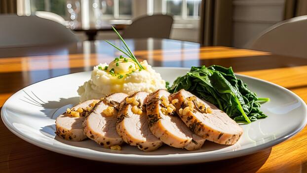 Elevated dining experience featuring succulent sliced pork tenderloin with spinach and creamy photo