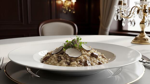 Elegant truffle risotto presentation in an exquisite fine dining setting with crystal chandelier photo