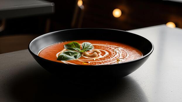 Elegant tomato soup in dark bowl, garnished with basil and cream swirl for a culinary experience photo