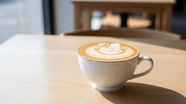 Elegant swan latte art in a pristine white cup on a sunlit wooden table top setting photo