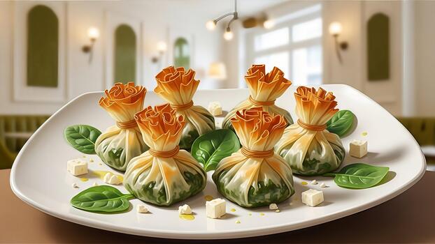 elegante Espinacas y queso feta carteras con delicado filo masa en un prístino blanco plato foto