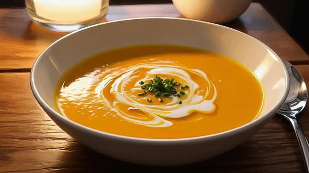 Elegant pumpkin soup with cream swirl and chives served in a cozy candlelit setting photo