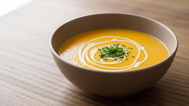 Elegant pumpkin soup presented in a stylish bowl with cream swirl and fresh herbs detail creating photo