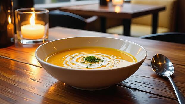 Elegant pumpkin soup presentation on a rustic wooden table with candlelight ambience photo