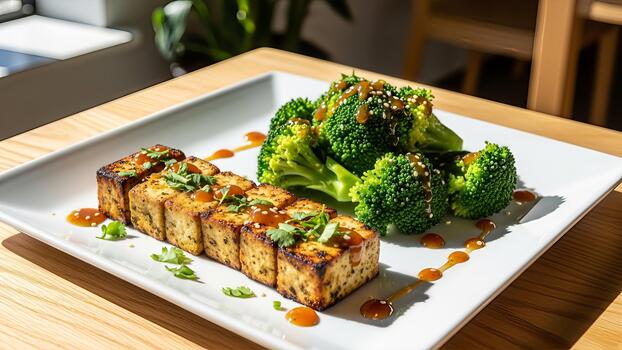 Elegant presentation of tofu cubes and broccoli florets with sesame seeds dish photo