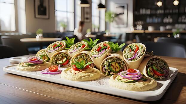 elegante presentación de vegetariano envuelve y hummus platos en un restaurante ajuste foto