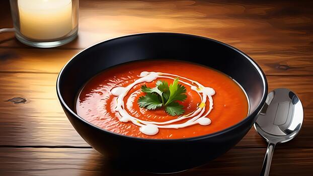 Elegant presentation of tomato soup with cream swirls on a wooden table top photo