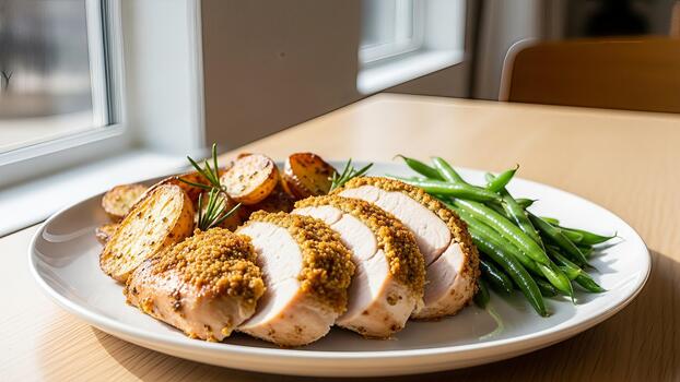 Elegant presentation of sliced, breaded chicken breast with roasted potatoes and green beans on a photo