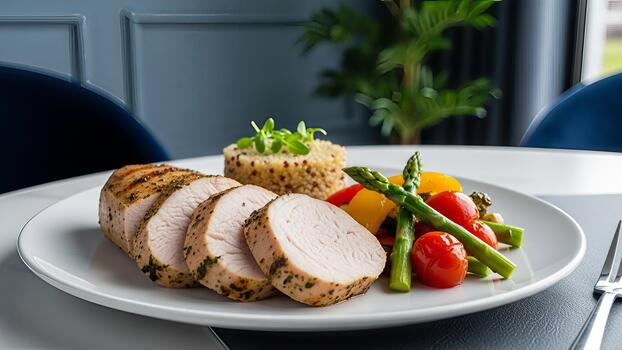 Elegant presentation of sliced turkey breast with quinoa and fresh vegetables for a sophisticated photo