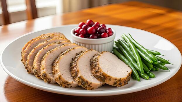 Elegant presentation of sliced turkey tenderloin complemented by cranberries and green beans photo