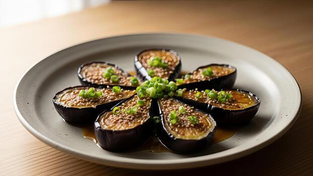 Elegant presentation of roasted eggplant halves drizzled with sauce and garnish on a plate photo