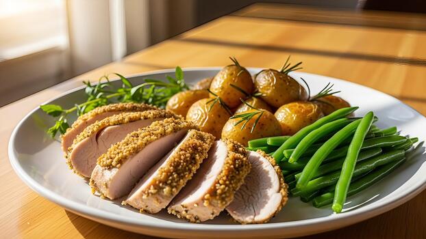 Elegant presentation of sliced roasted chicken with potatoes and green beans on plate photo