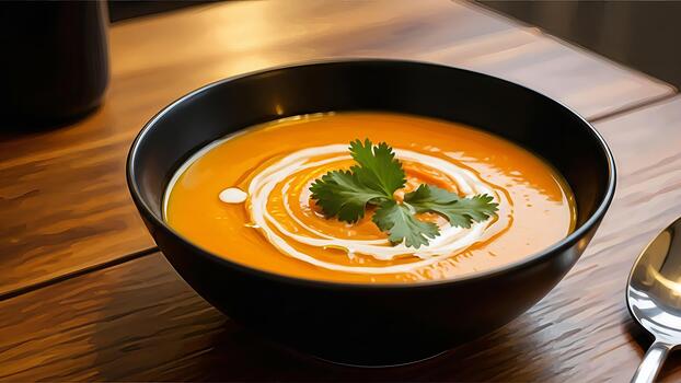 Elegant presentation of pumpkin soup with cream and cilantro in a dark bowl set photo