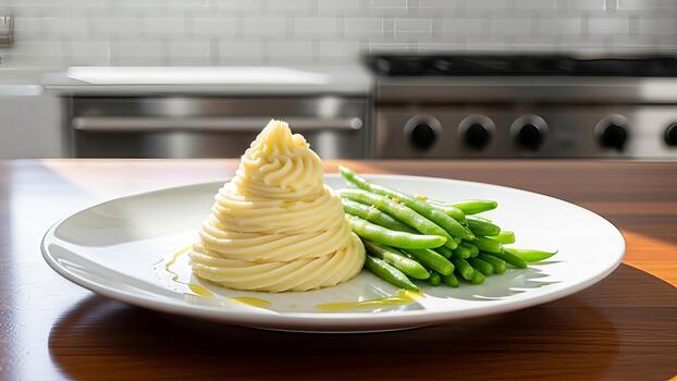 elegante presentación de machacado patatas con Fresco verde frijoles en un prístino blanco plato foto