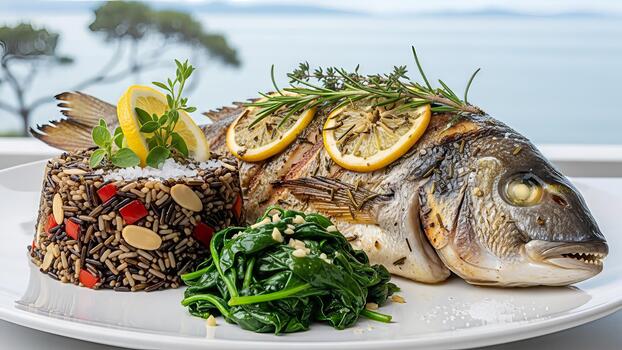 Elegant presentation of grilled fish with wild rice, spinach, and lemon slices in a picturesque photo