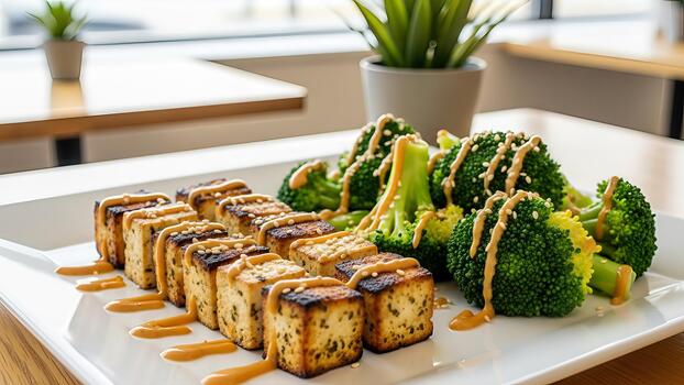 Elegant presentation of grilled tofu cubes and fresh broccoli with drizzle sauce photo
