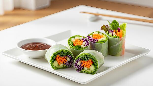 elegante presentación de Fresco vegetal primavera rollos con inmersión salsa deleite foto