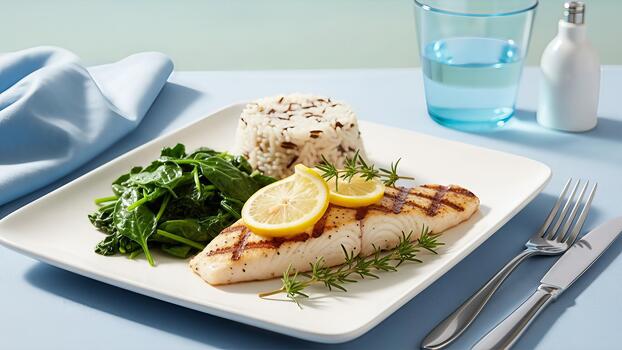 elegante presentación de A la parrilla pescado filete con salvaje arroz Espinacas y limón rebanadas comida foto