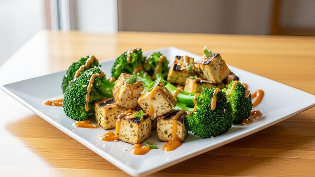 elegante presentación de A la parrilla tofu cubitos y Fresco brócoli floretes con sabroso salsa foto