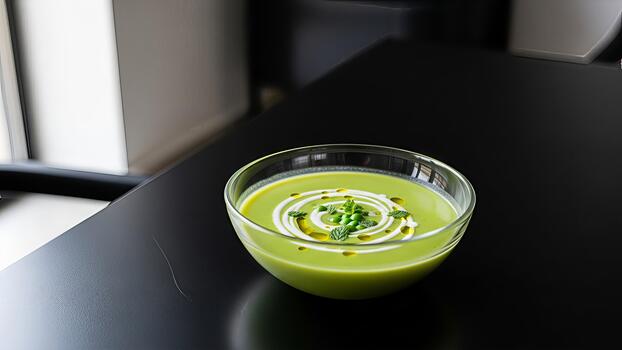 Elegant presentation of fresh pea soup with cream swirl in a glass bowl on dark surface photo