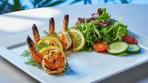 Elegant presentation of grilled shrimp with lemon slices and fresh salad on a plate photo