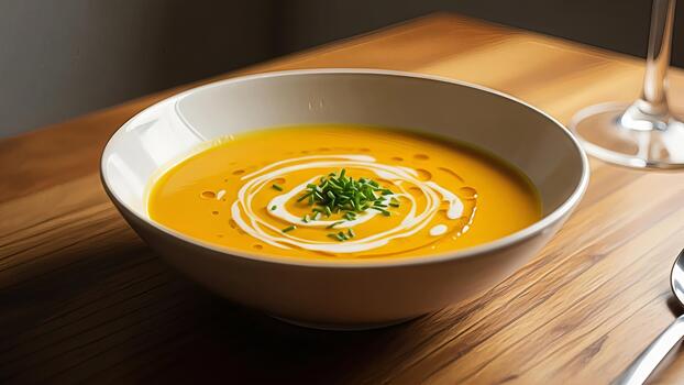 Elegant presentation of creamy squash soup with artistic garnish on wooden surface photo