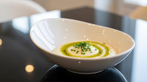 elegante presentación de cremoso sopa con verde cebollín adornar en reflexivo mesa foto