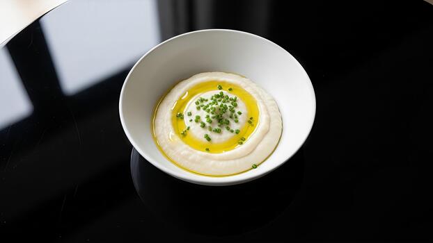 elegante presentación de cremoso chirivía puré con aceituna petróleo y cebollín Adición foto