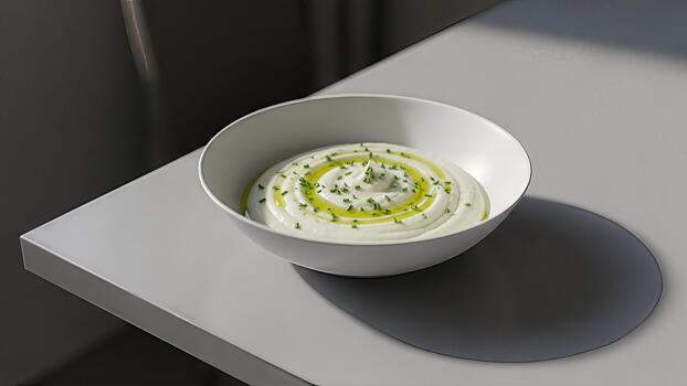 Elegant presentation of creamy dip with herb oil in a modern minimalistic bowl photo