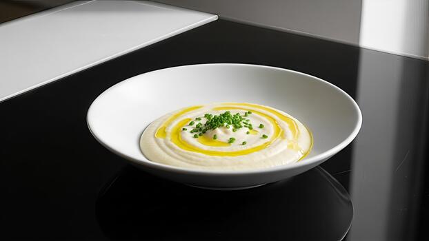 Elegant presentation of creamy parsnip soup with olive oil and chives garnish photo