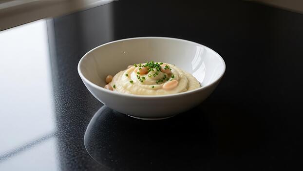 elegante presentación de cremoso machacado patatas adornado con Fresco cebollín y blanco frijoles foto