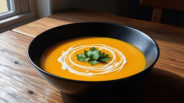 Elegant presentation of creamy butternut squash soup with delicate garnish on table photo