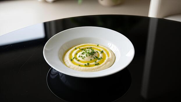 elegante presentación de crema sopa con aceituna petróleo remolino en oscuro reflexivo superficie foto