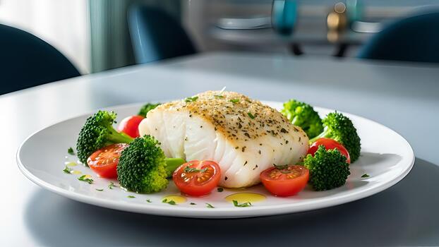 elegante presentación de horneado bacalao filete adornado con brócoli y reducido a la mitad Cereza Tomates servido foto