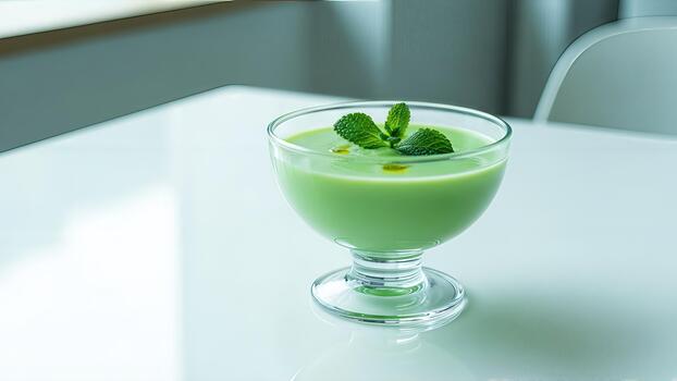 Elegant presentation of a refreshing green smoothie with vibrant mint garnish on table photo