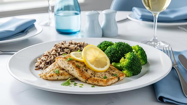 Elegant presentation of a perfectly plated fish dinner with nutritious sides composition photo