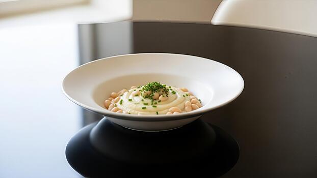 Elegant presentation of a creamy bean puree with fresh herbs and white beans garnish photo