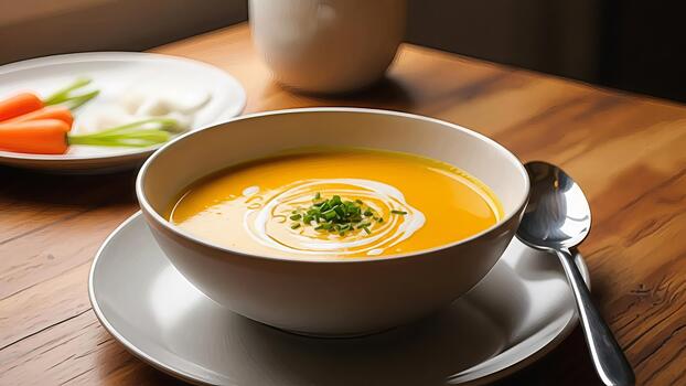 Elegant presentation of a carrot creamy soup adorned with fresh herbs and cream swirl on a wooden photo
