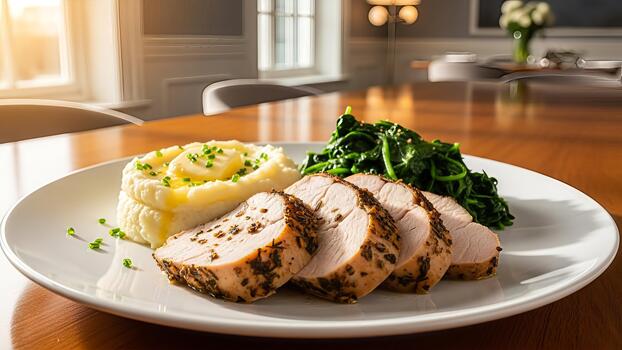 elegante chapado comida presentando rebanado Cerdo filete de lomo con machacado patatas y Espinacas lado foto
