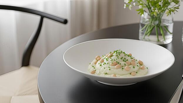 elegante chapado plato caracteristicas cremoso puré adornado con nueces y cebollín en mesa foto