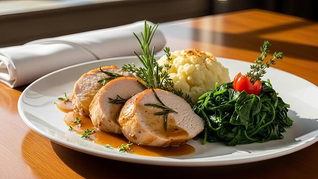 Elegant plated dinner with sliced turkey, mashed cauliflower and fresh spinach dish photo
