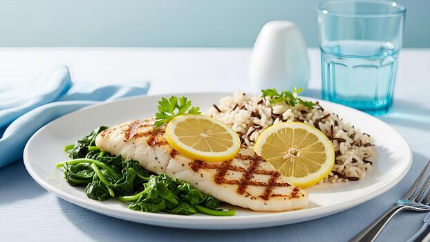 elegante A la parrilla pescado filete con espinaca, salvaje arroz y limón en un moderno ajuste mesa foto
