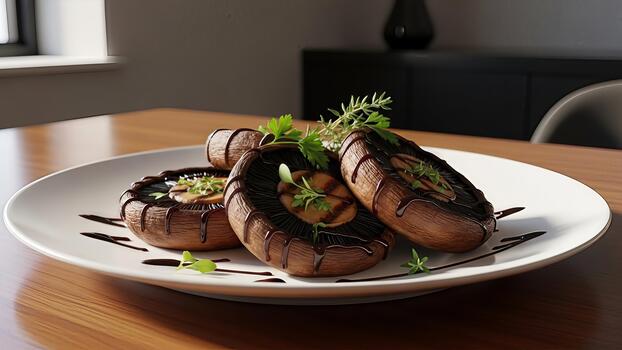 elegante monitor de A la parrilla Portobello hongos adornado con balsámico vidriar y Fresco hierbas para foto